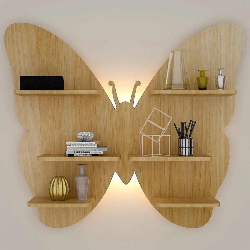Butterfly Shape Backlit Wood Wall Shelf / Book Shelf / Night Light, Light Oak Finish
