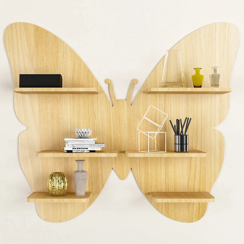 Butterfly Shape Backlit Wood Wall Shelf / Book Shelf / Night Light, Light Oak Finish