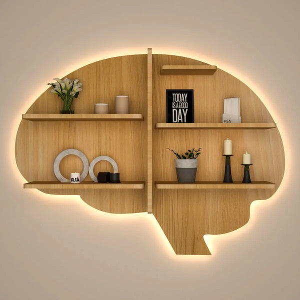 Brain Shape Backlit Wood Wall Shelf / Book Shelf / Night Light, Light Oak Finish