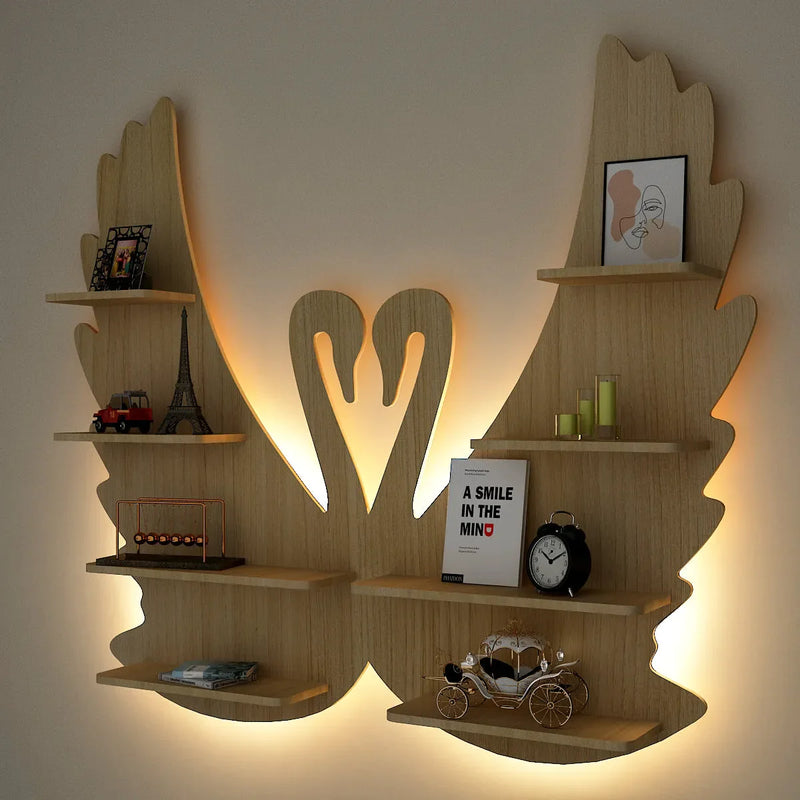 Loving Swan Backlit Wood Wall Shelf / Book Shelf / Night Light, Light Oak Finish
