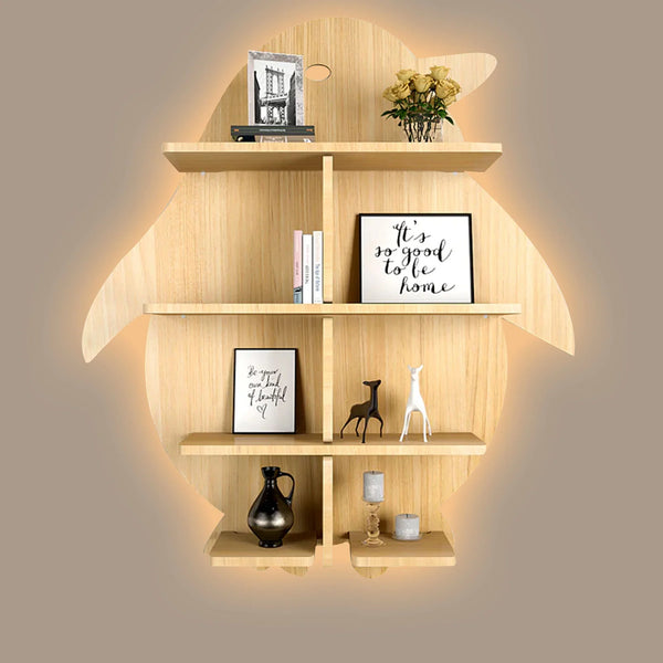 Penguin Backlit Wood Wall Shelf / Book Shelf / Night Light, Walnut Finish