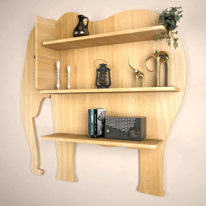 Elephant Shape Wood Wall Shelf / Book Shelf, Light Oak Finish