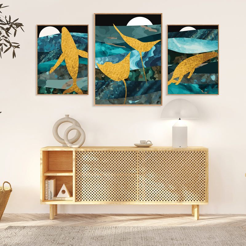 Golden Dolphin Wall Art Paintings Set of 3