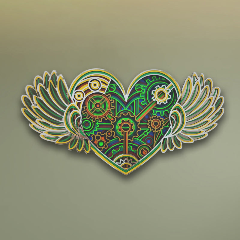 3D Gear Heart With Wings Mandala Art Wall Decor