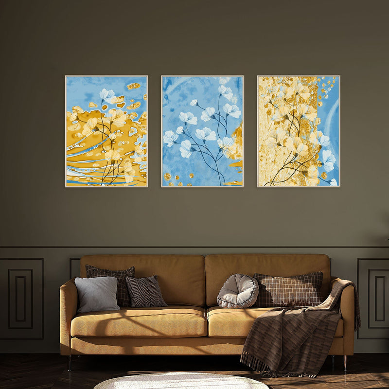 Set of 3 Blue & Golden Flowers Abstract Art