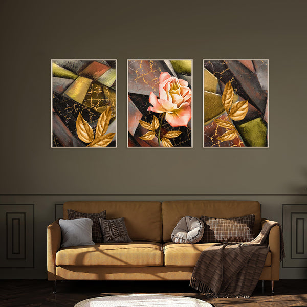 Abstract Flowers With Golden Leaf Set of 3