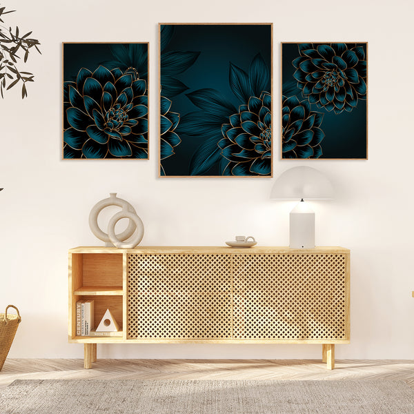 Golden Blue Metallic Flowers Wall Art Paintings Set of 3
