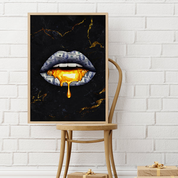 Limited Edition Gold Dripping Lips Abstract Painting