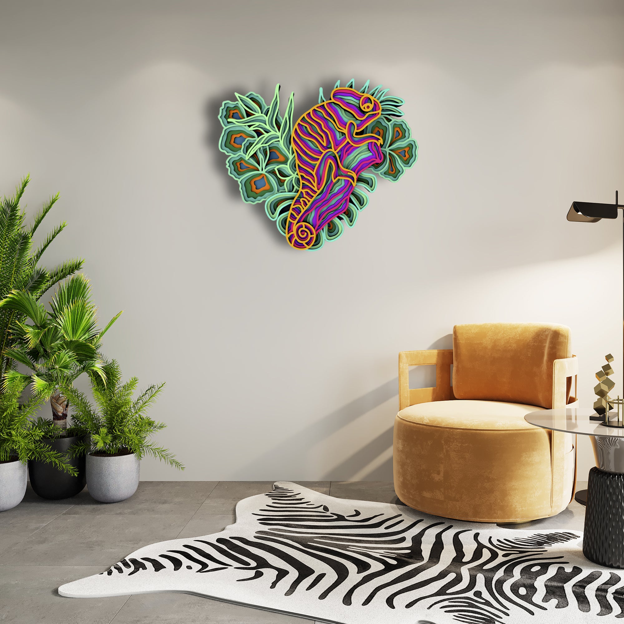 3D Chameleon Heart Mandala Art Wall Decor