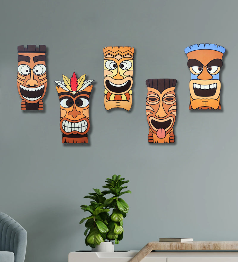 Hawaiian Tiki Mask Wooden Wall Decor Set of 5