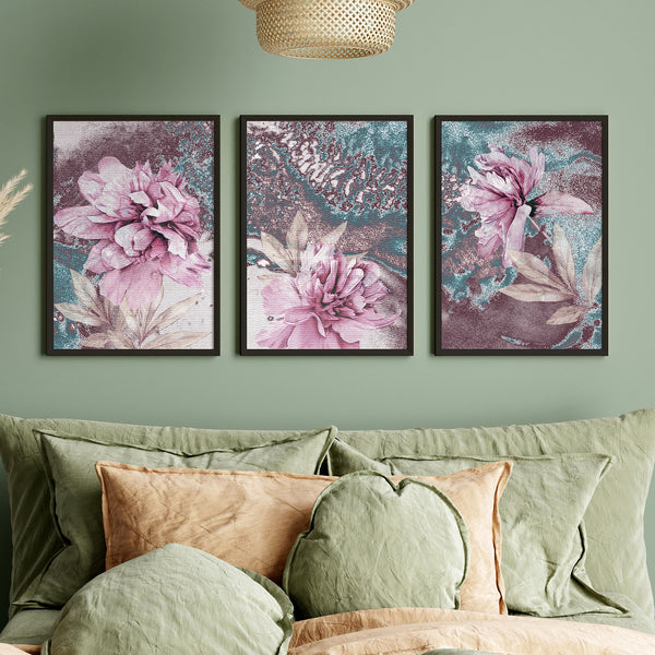 Pink Flowers Abstract Art Wall Paintings Set of 3
