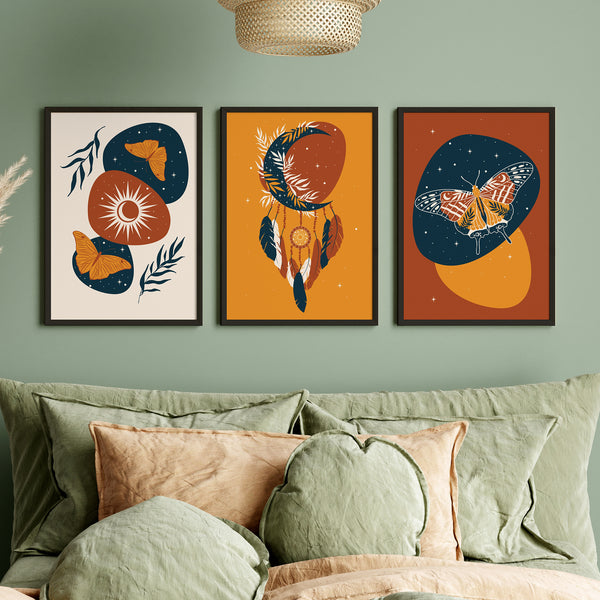 Abstract Sun and Moon Art Wall Paintings Set of 3