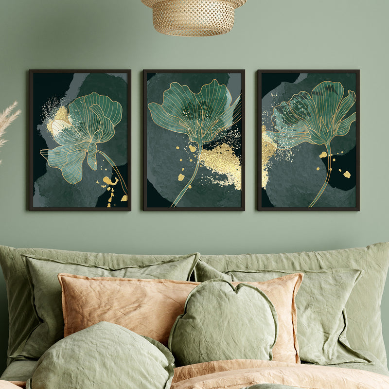 Golden Botanical Leaves Abstract Art Wall Paintings Set of 3