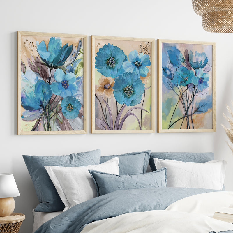 Blue Flowers Abstract Art Wall Paintings Set of 3