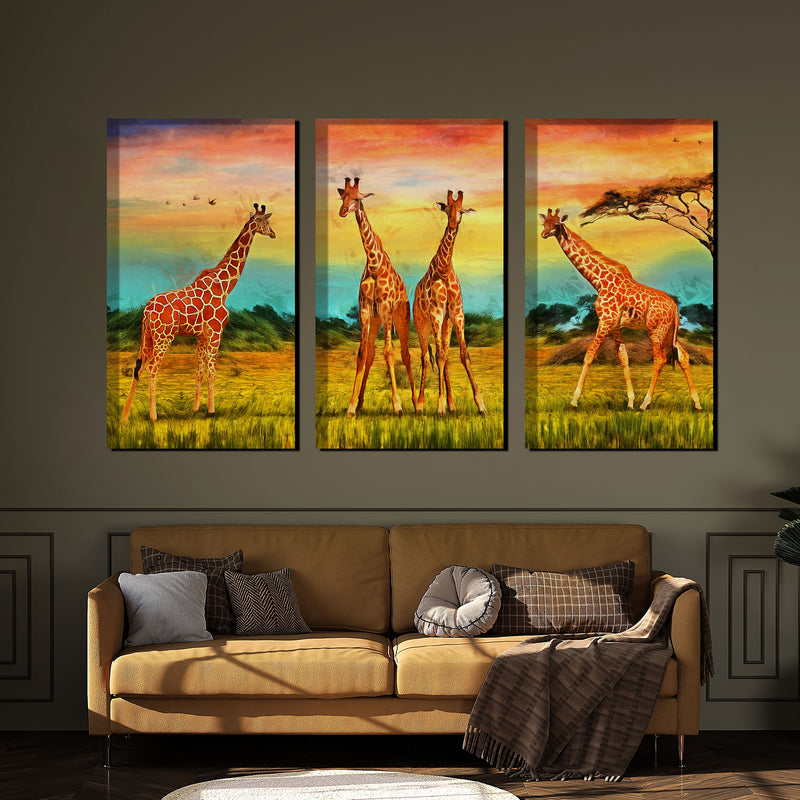Giraffes in Jungle Wall Painting Set of 3