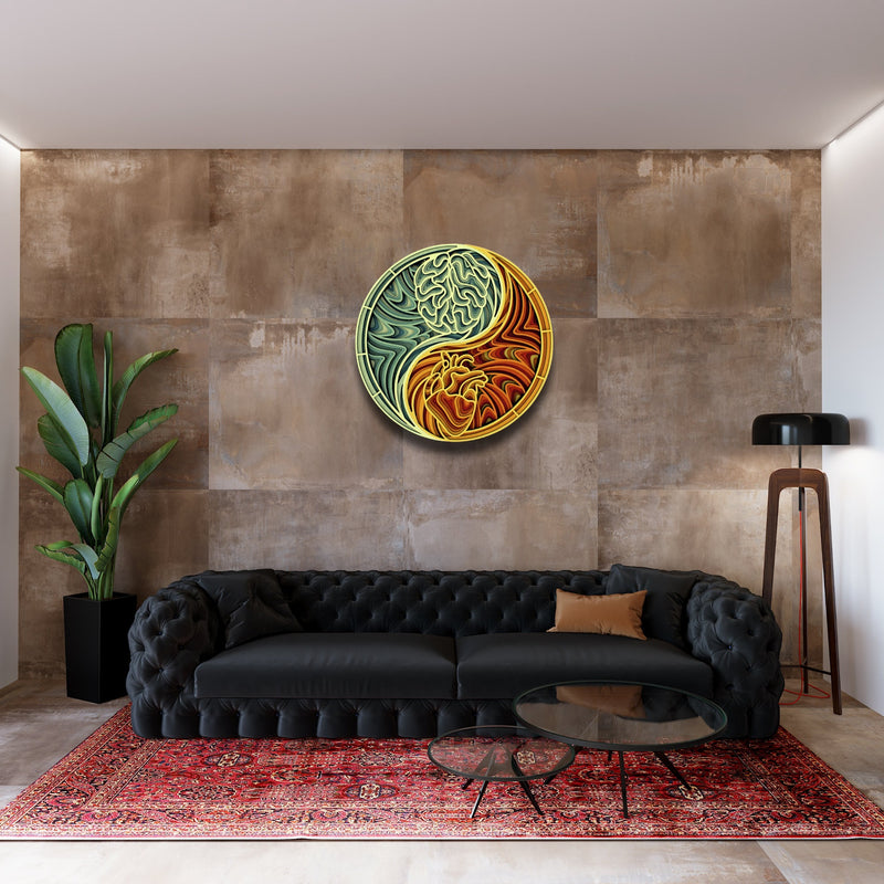 3D Heart vs Brain Yin Yang Mandala Art Wall Decor